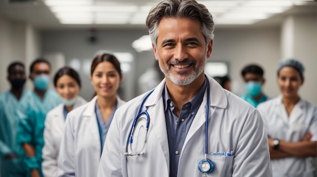 Portrait of mature mixed race male doctor standing with arm crossed at hospital corridor