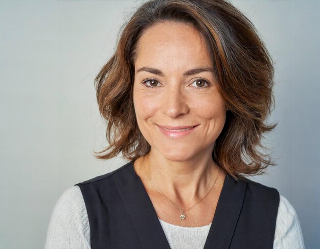 Portrait of a mature pretty woman smiling middle aged on white background