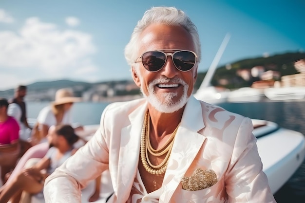 Portrait of a mature rich man whit necklace suit and sunglasses in a yacht