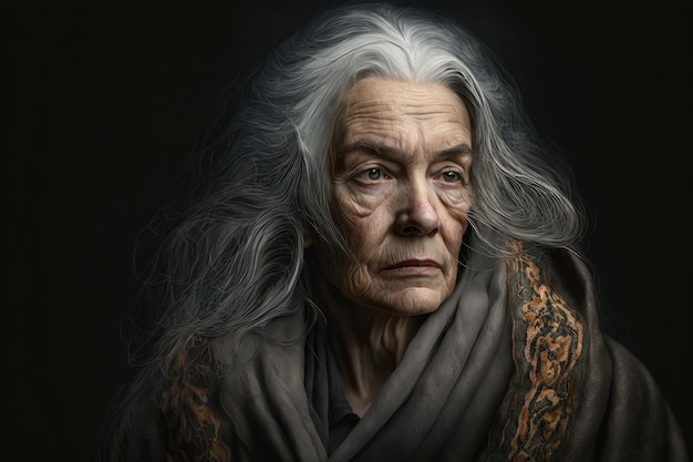 Portrait of a mature and wise woman with long gray hair wearing a shawl