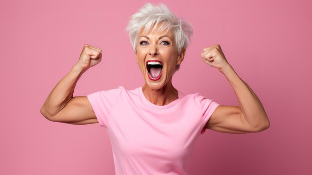 Portrait of mature woman celebrating on pink background