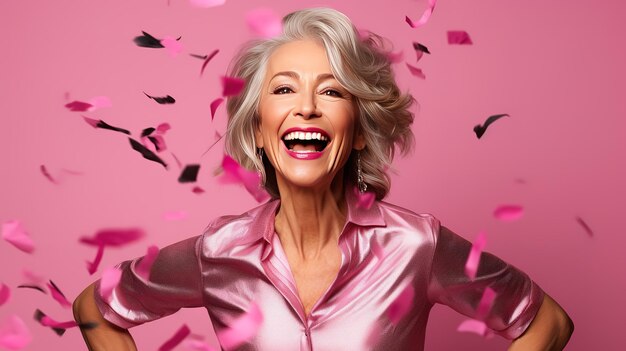 Portrait of mature woman celebrating on pink background