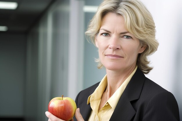 生成 AI で作成されたオフィスでリンゴを持つ成熟した女性のポートレート