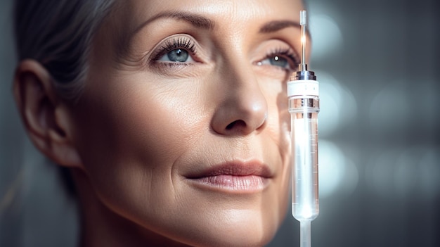 Photo portrait of mature woman holding syringe