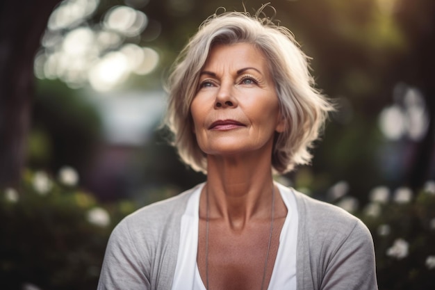 Portrait of a mature woman meditating outside created with generative ai