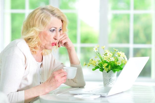 Portrait of mature woman sitting with modern laptop