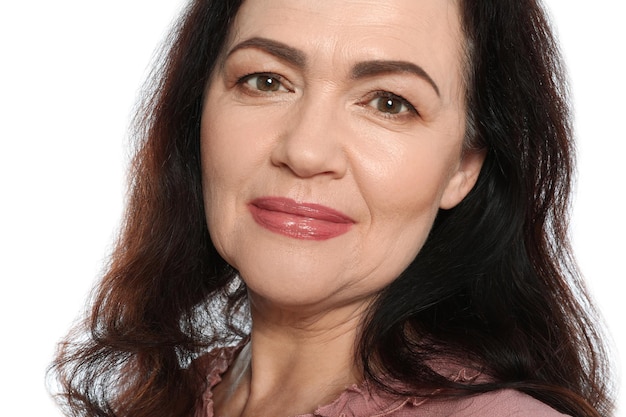 Portrait of mature woman with beautiful face on white background