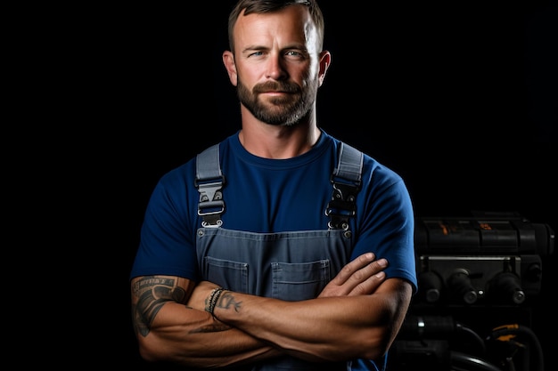 Photo portrait of a mechanic in a blue uniform