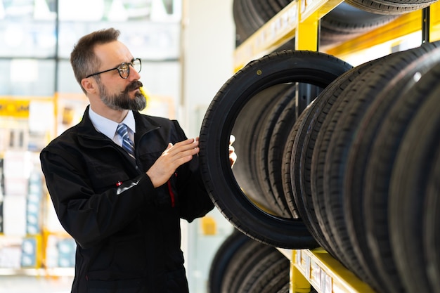 Portrait of Mechanic man with car tires at service station. Male mechanic holding car tire in automobile store shop