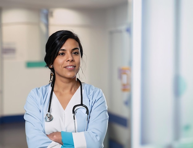 A portrait of a medical student woman her face cool and her expression determined and focused