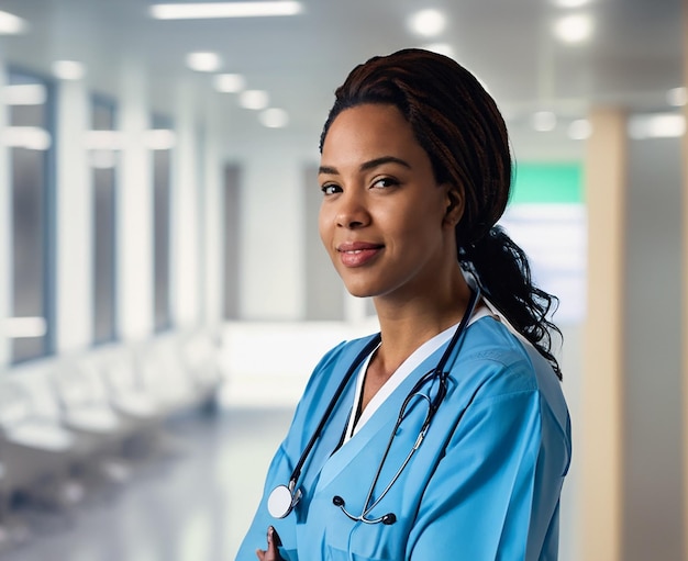 A portrait of a medical student woman her face cool and her expression determined and focused