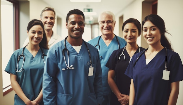 Portrait Of Medical Team Standing In Hospital Corridor