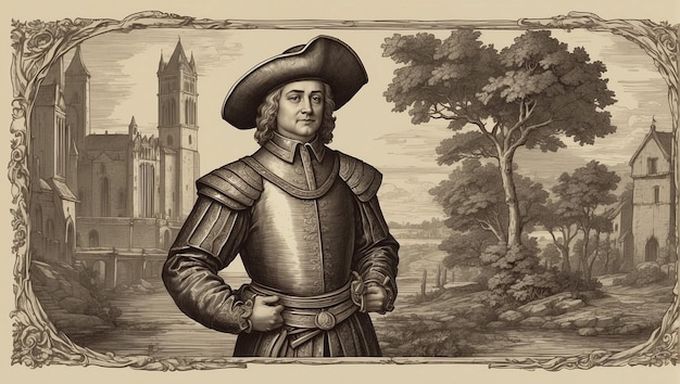 Photo portrait of medieval aristocratic man against background of his estate in style of old engraving
