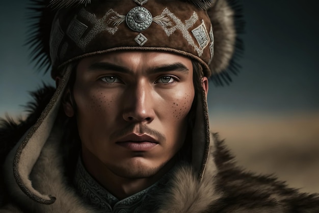 Portrait of medieval Kazakh warrior man in traditional historical armor Generative AI illustration