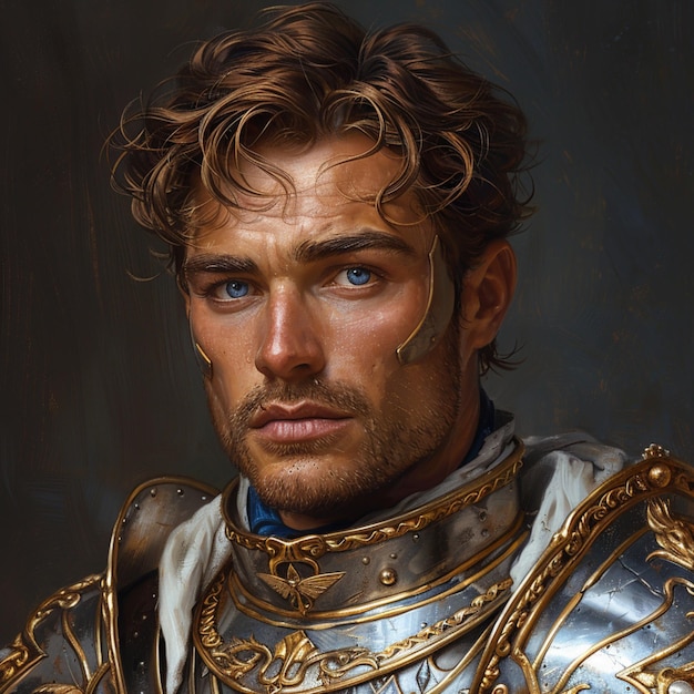 Portrait of a medieval knight in armor on the background of an old castle