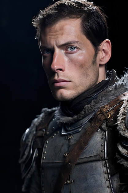 Portrait of a medieval warrior in armor Studio shot over black