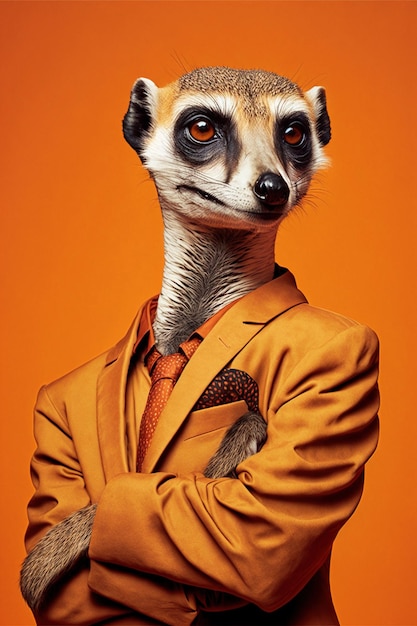 Portrait of meerkat with orange suit and tie on orange created using generative ai technology