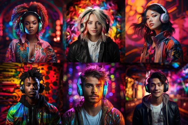 Portrait of men and women of different races skin colors and hair colors in headphones listening