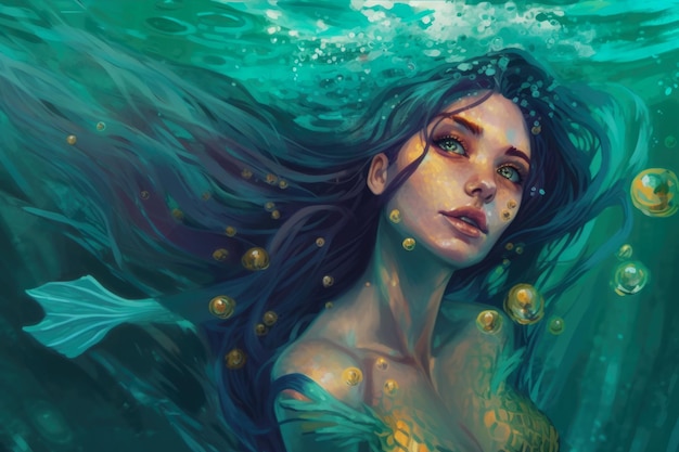 Photo portrait of a mermaid with long turquoise hair and a sparkling tail swimming in a crystal clear sea