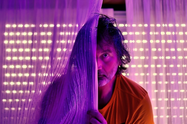 Portrait of mid adult man looking away in illuminated room