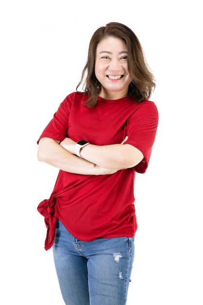 Portrait of middle age 40s Asian woman Isolated on white , self-confident mature woman in a casual clothes with a smiling face