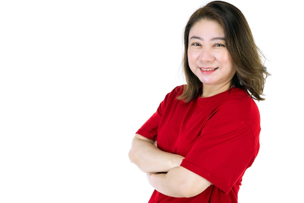 Photo portrait of middle age 40s asian woman isolated on white , self-confident mature woman in a casual clothes with a smiling face