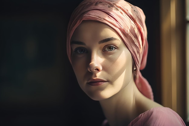 Portrait of a middle age bald woman wearing a pink headscarf Generative AI