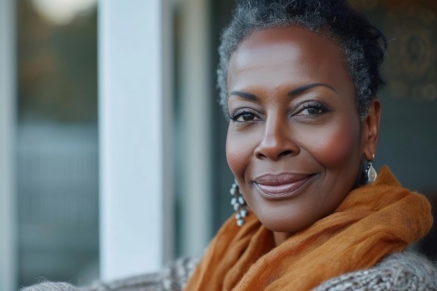 Portrait of middle aged African American woman with beautiful healthy skin Beautiful happy woman