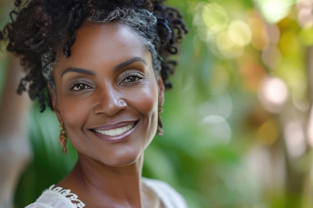 Portrait of middle aged African American woman with beautiful healthy skin Beautiful happy woman
