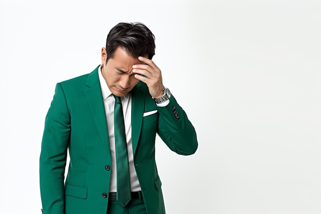 Portrait of middle aged Asian businessman in green suit having headache