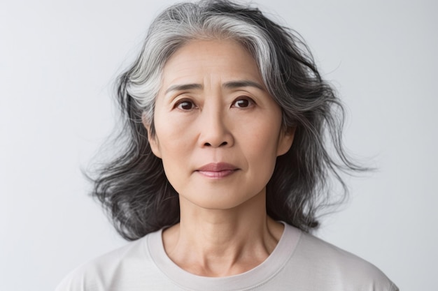 Portrait of Middle Aged Asian Woman with Grey Bangs on Copy Space AgeFriendly Model