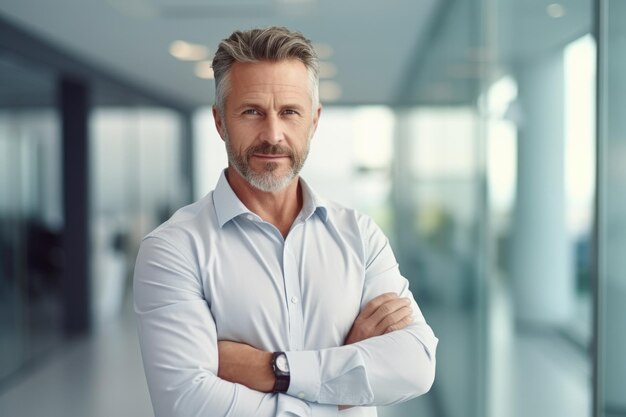 portrait of middle aged businessman smiling at the computer