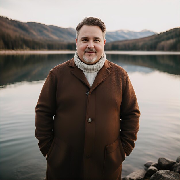 Photo portrait of a middle aged man wearing winter clothing in the mountains