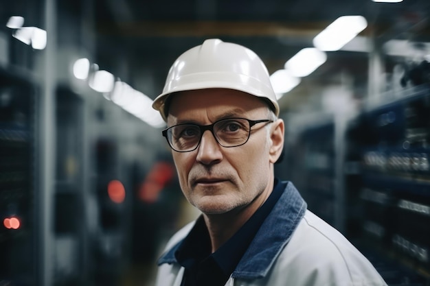 portrait of a middle aged successful male engineer putting on a white hard hat and safety glasses wh