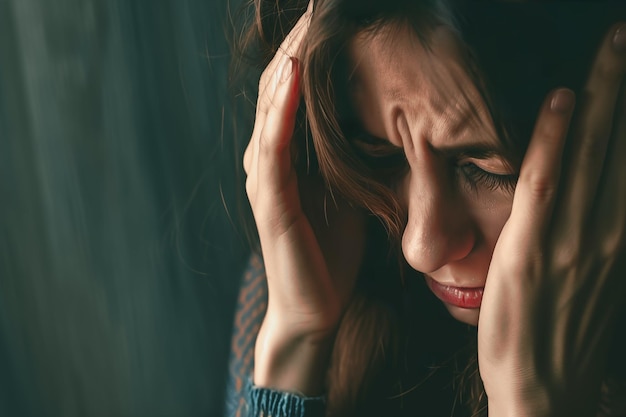 Photo portrait of a middle aged woman covering her face with hands in despair concept of depression breakup grief loss of loved ones