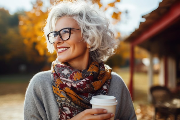 Portrait of middle aged woman with coffee to go outdoors