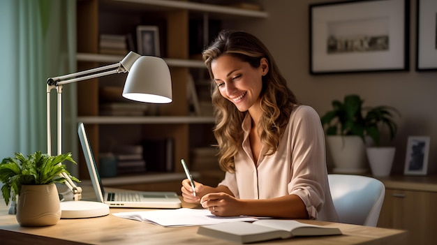 Portrait of middle agen woman working on laptop and making notes in her home officeCreated with Generative AI technology