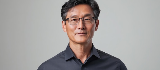 portrait of a middleaged asian man with glasses wearing a dark shirt against a light gray background