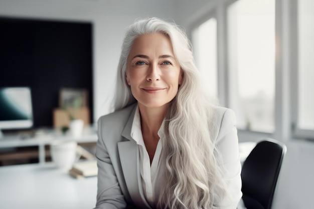 A portrait of a middleaged business woman sitting at the table with laptop in her office