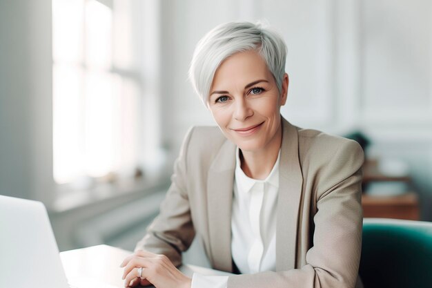 Photo a portrait of a middleaged business woman sitting at the table with laptop in her office