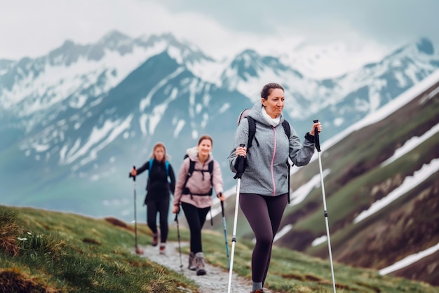 Portrait of middleaged female tourists doing Nordic walking while on vacation in the Alps beautiful