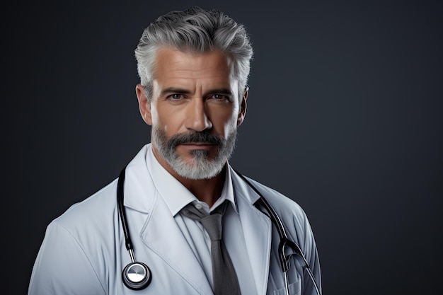 Portrait of a middleaged male doctor in white clothes with a stethoscope on a dark background