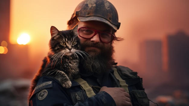 Portrait of a military man holding a kitten