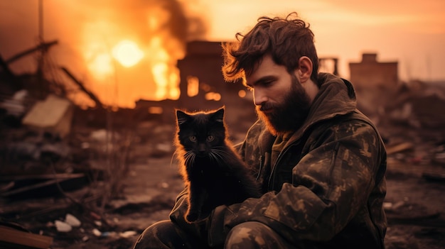 Portrait of a military man holding a kitten