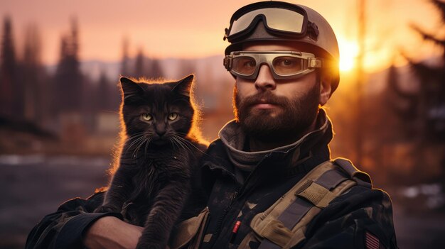 Portrait of a military man holding a kitten