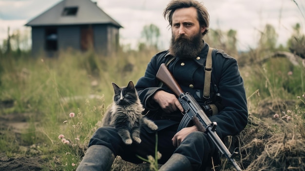 Portrait of a military man with a gun holding a kitten