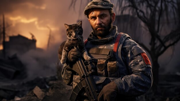 Portrait of a military man with a gun holding a kitten