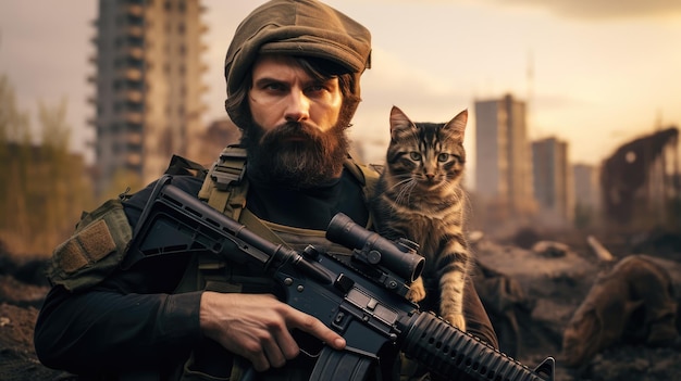 Portrait of a military man with a gun holding a kitten