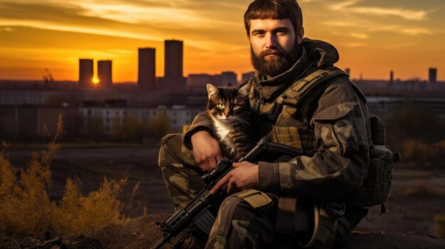 Photo portrait of a military man with a gun holding a kitten