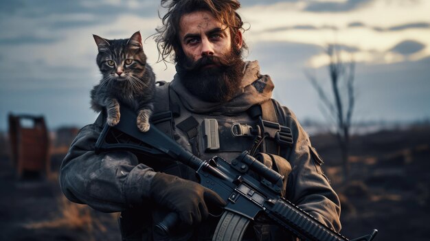 Portrait of a military man with a gun holding a kitten